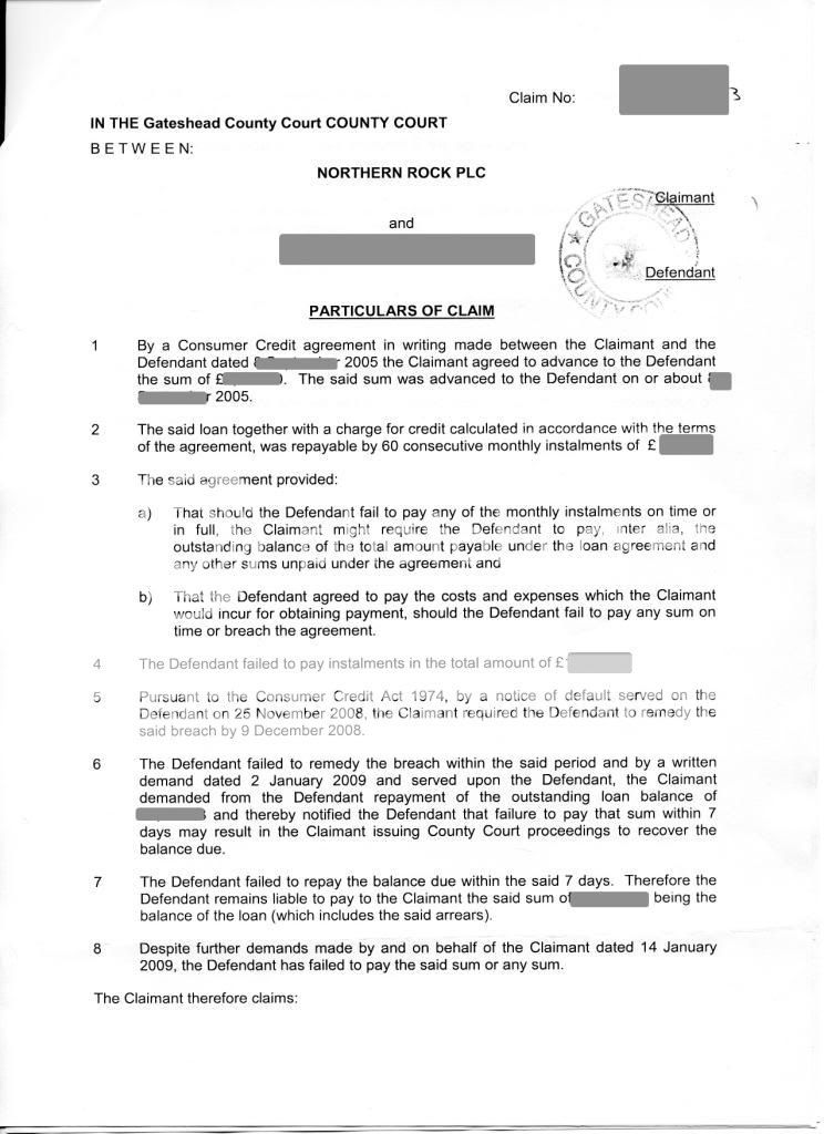 Northern Rock County Court Claim Form